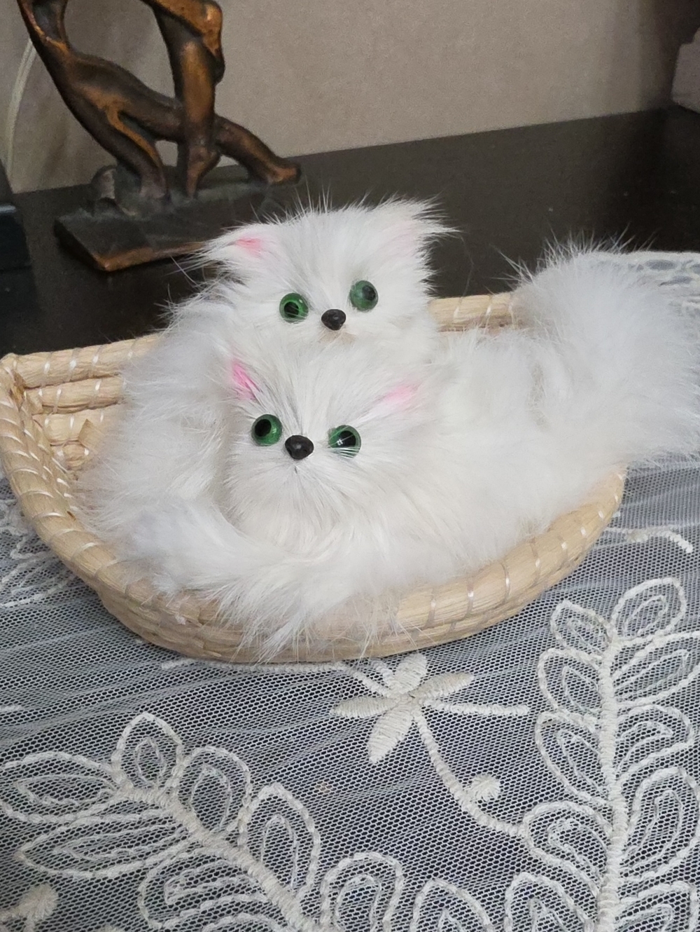 White Faux Fur Cat Plush with Green Eyes - Decorative Pet Figurine